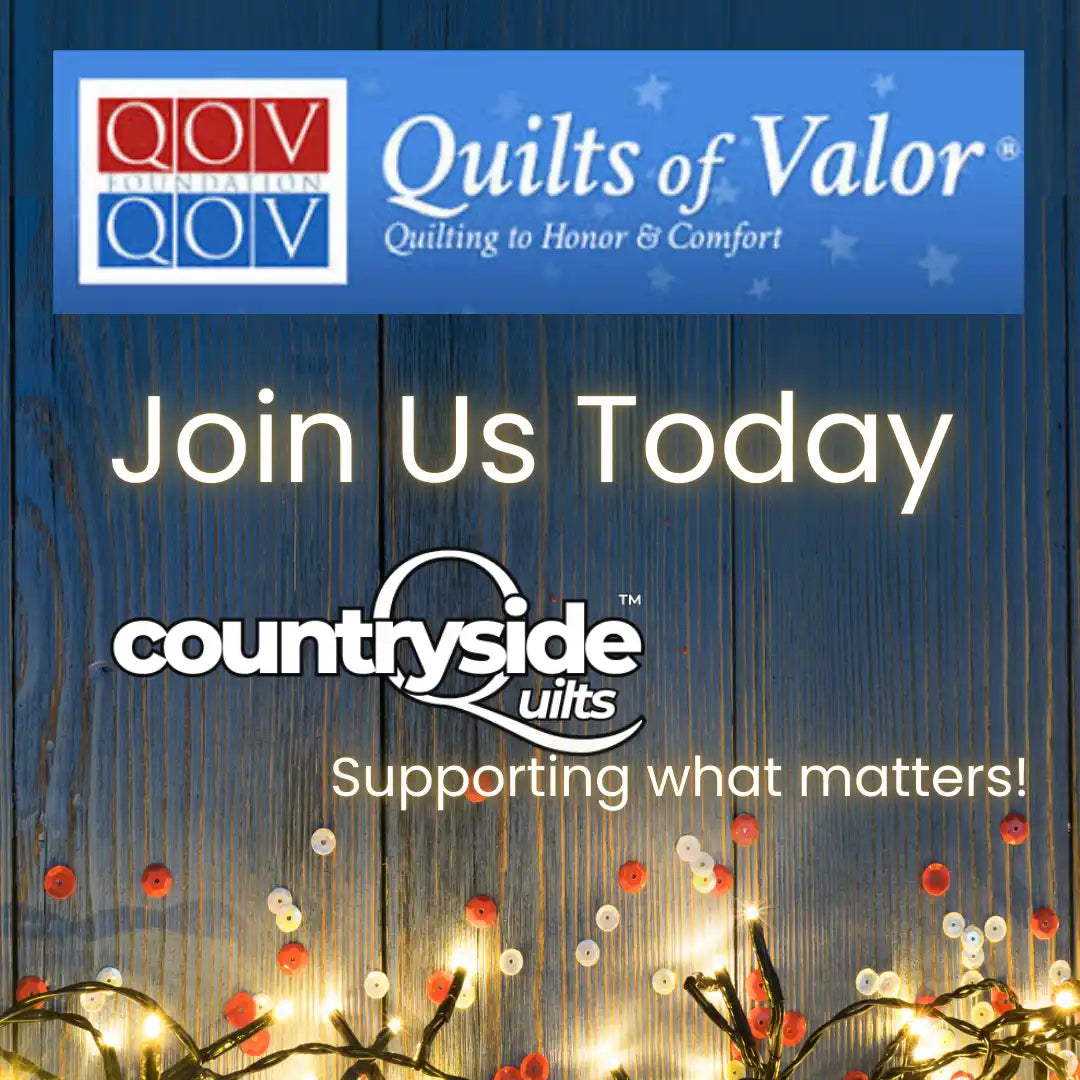 Advertisement for Quilts of Valor and Countryside Quilts organizations with decorative string lights.