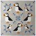 Puffin Star Quilt pattern with eight puffins and blue geometric accents by Art East Quilting