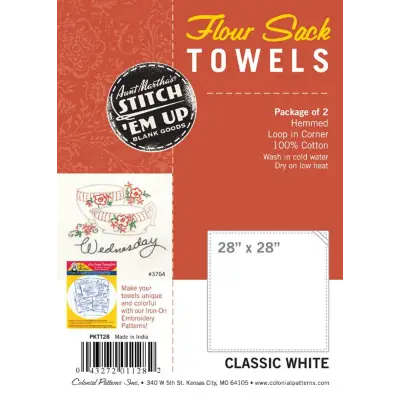 Coral red and white packaging of Aunt Martha’s 28x28 Flour Sack Tea Towels