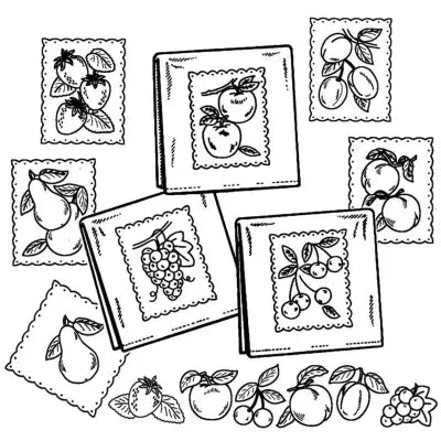 Collection of framed fruit sketches and loose fruit drawings on Aunt Martha’s fruit tea towels