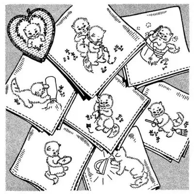 Collection of vintage Valentine’s Day greeting cards featuring Kewpie dolls for Aunt Martha’s tea towels