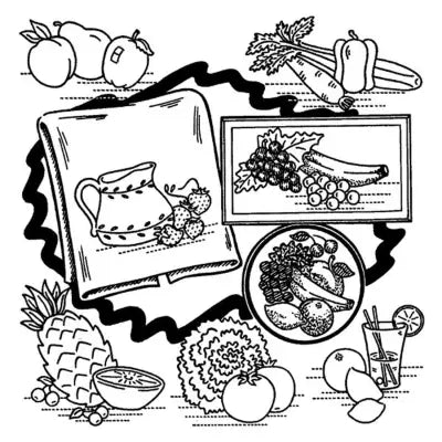 Black and white line drawing of fruit & vegetable motifs from Aunt Martha’s 3632 collection