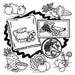 Black and white line drawing of fruit & vegetable motifs from Aunt Martha’s 3632 collection