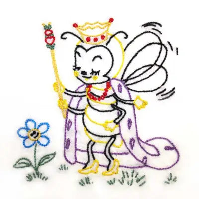 Whimsical cartoon cat in crown and robe, perfect for Aunt Martha’s Busy Bee collection