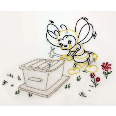 Cute cartoon bee near a beehive box from Aunt Martha’s Busy Bee collection