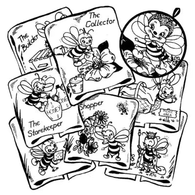 Collection of cartoon trading cards featuring busy bee characters from Aunt Martha’s