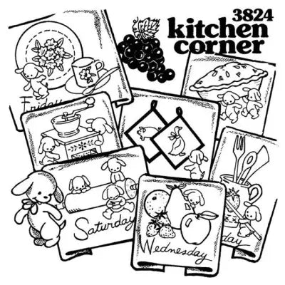 Black and white kitchen corner collage by Aunt Martha’s featuring food items and days of the week