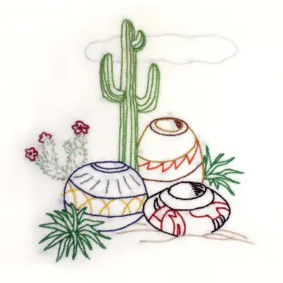 Hand-embroidered desert scene by Aunt Martha’s featuring saguaro cactus and pottery