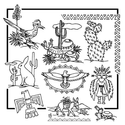 Line art collection of Southwestern themes featuring cacti and pottery by Aunt Martha’s