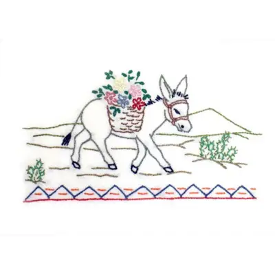 Donkey with flower basket in Aunt Martha’s 3853 Southwest for quilting projects