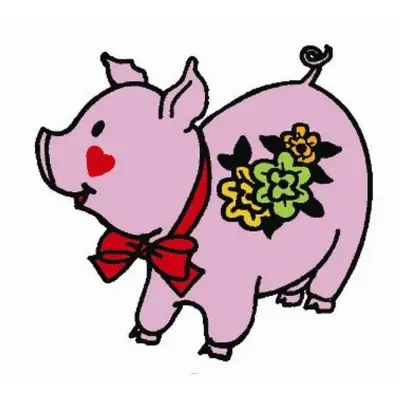 Pink pig with red bow tie and yellow flowers, part of Aunt Martha’s Hearty Pigs collection