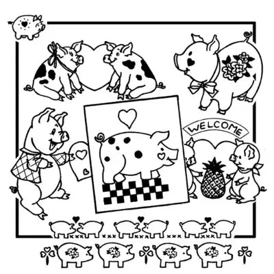 Black and white cartoon of Aunt Martha’s Hearty Pigs decorative artwork