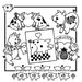 Black and white cartoon of Aunt Martha’s Hearty Pigs decorative artwork