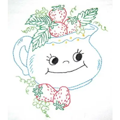 Smiling teapot with strawberries and leaves from Aunt Martha’s Animated Crockery