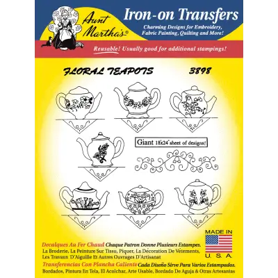 Iron-on transfer pattern sheet showcasing Aunt Martha’s floral teapots designs