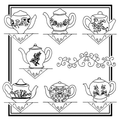 Collection of Aunt Martha’s floral teapots with decorative designs in a grid layout