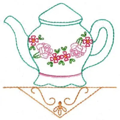 Decorative floral teapot with pink and red embroidery from Aunt Martha’s collection