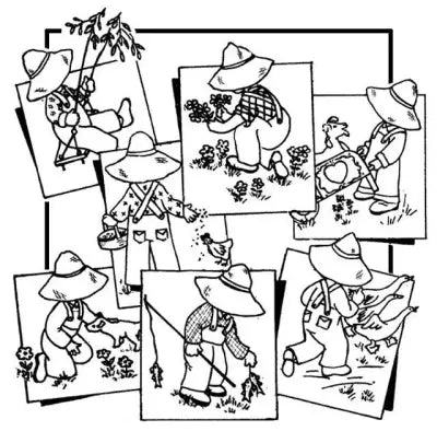Cartoon sketches of a gardener showcasing activities for Aunt Martha’s Denim Dan