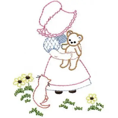 Embroidered figure in a dress with teddy bear among sunflowers, Aunt Martha’s Bonnie Bonnet