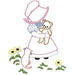 Embroidered figure in a dress with teddy bear among sunflowers, Aunt Martha’s Bonnie Bonnet