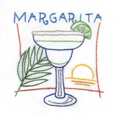 Margarita cocktail glass with lime and palm frond for Aunt Martha’s Happy Hour selection