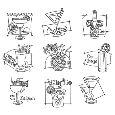 Simple line drawings of cocktails for Aunt Martha’s #4012 Happy Hour collection