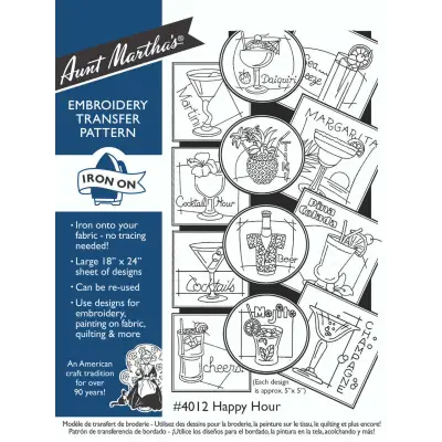 Aunt Martha’s #4012 Happy Hour embroidery transfer pattern with cocktail designs