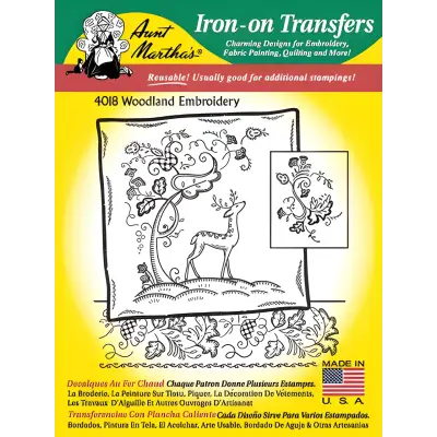 Iron-on transfer pattern of deer with floral vine for Aunt Martha’s Woodland Embroidery