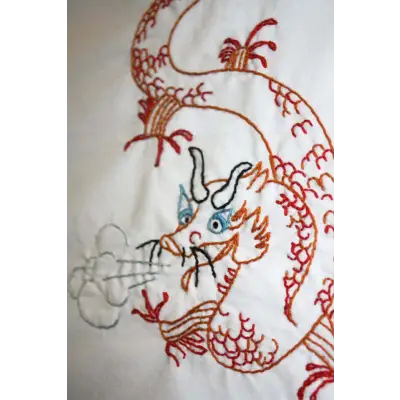 Red embroidered dragon with blue eyes from Aunt Martha’s Oriental Designs collection