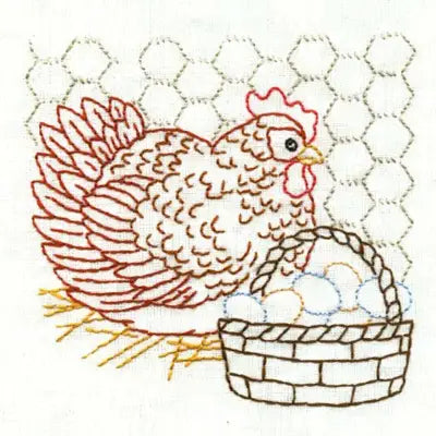 Hen beside a basket of eggs in Aunt Martha’s #4021 Life on the Farm quilting design