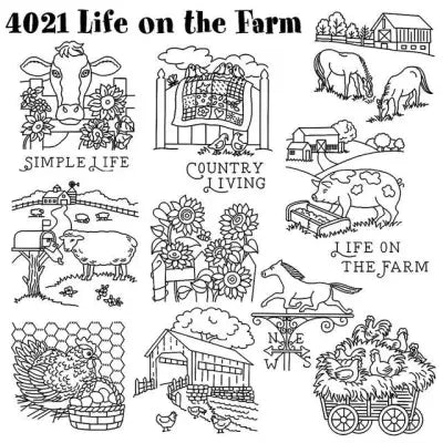 Collection of rustic farm-themed line drawings from Aunt Martha’s quilting designs