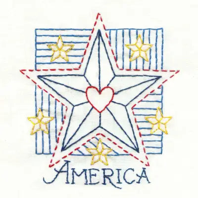 Patriotic star with heart and America text for Aunt Martha’s quilting design