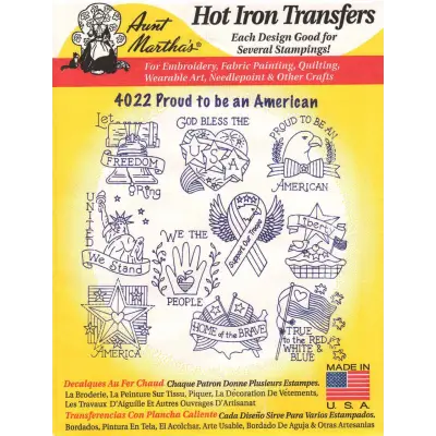 Hot iron transfer pattern sheet with patriotic designs by Aunt Martha’s for quilting projects