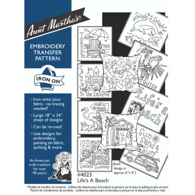 Aunt Martha’s #4023 Life’s A Beach iron-on embroidery transfer pattern featuring beach designs