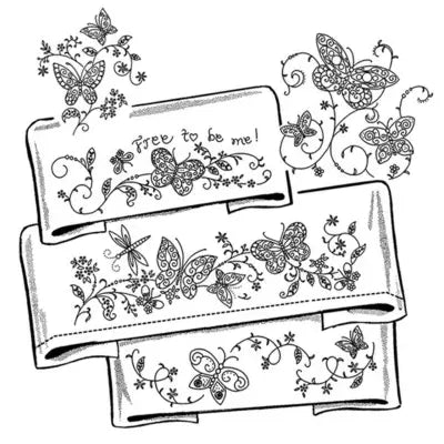 Decorative banners featuring whimsical butterflies and flowers, promoting Aunt Martha’s products