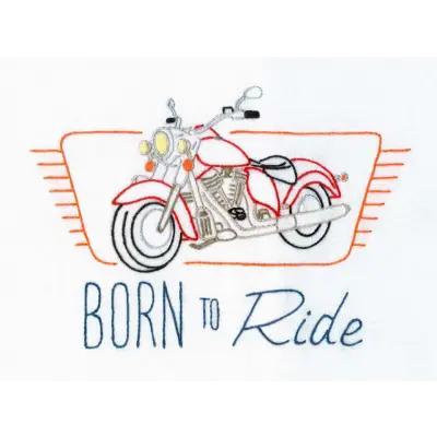 Hand-drawn red motorcycle illustration with text Born To Ride for Aunt Martha’s Big Wheels