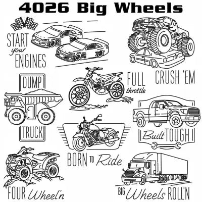 Collection of Aunt Martha’s Big Wheels vehicle-themed illustrations with text labels