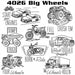 Collection of Aunt Martha’s Big Wheels vehicle-themed illustrations with text labels