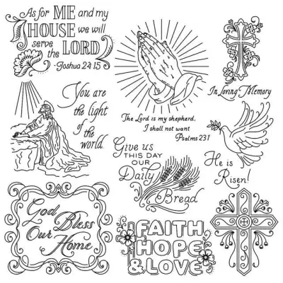 Collection of Christian blessings and Bible verses in Aunt Martha’s decorative design