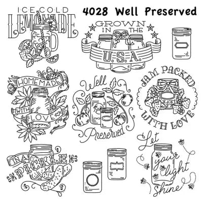 Hand-drawn mason jar illustrations with designs from Aunt Martha’s #4028 Well Preserved