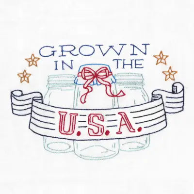 Hand-drawn illustration of Aunt Martha’s Well Preserved mason jars with patriotic banner