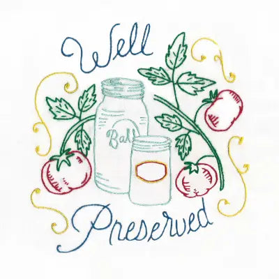 Hand-drawn illustration of canning jars with tomatoes in Aunt Martha’s Well Preserved design