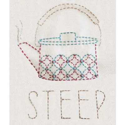 Hand-embroidered teapot design with geometric pattern in Aunt Martha’s Sashiko Japanese Embroidery