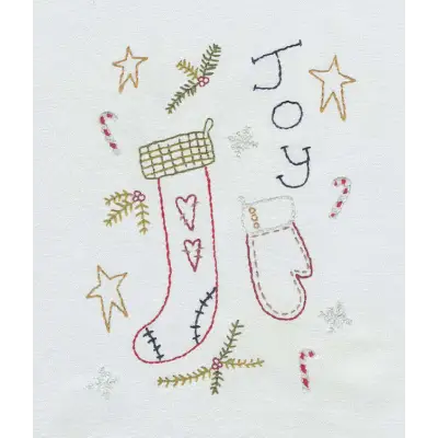 Hand-embroidered Christmas stocking and mitten from Aunt Martha’s Primitive Christmas collection