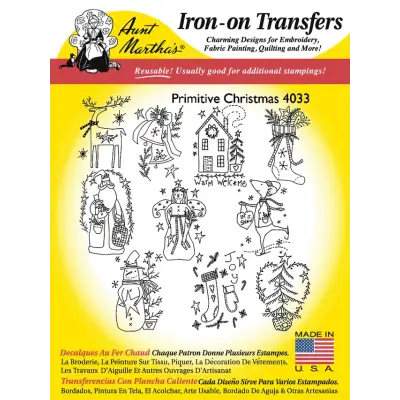 Iron-on transfer sheet showcasing Aunt Martha’s Primitive Christmas designs and patterns