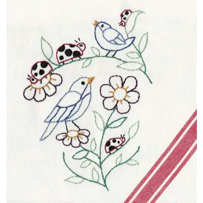 Embroidered design of Lovely Ladybugs with birds and daisies in Aunt Martha’s collection