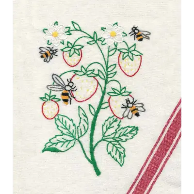 Embroidered Strawberry Plant with Bees and Daisies from Aunt Martha’s Buzzing Bees Pattern