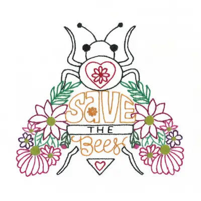 Hand-drawn illustration of a bee with flowers and Save the Bees text on Aunt Martha’s Buzzing Bees embroidery transfer pattern