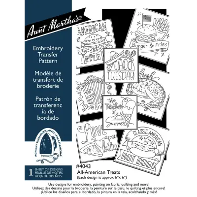 Embroidery transfer pattern set for Aunt Martha’s All-American Treats food designs