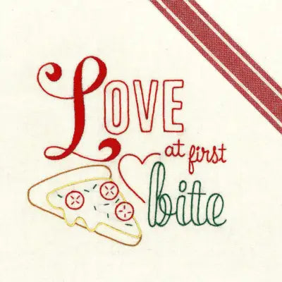 Hand-drawn Love at First Bite text with pizza slice in Aunt Martha’s All-American Treats